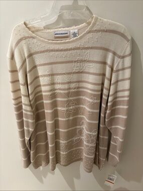 Alfred Dunner Beige & Cream Striped Floral Embellished Sweater